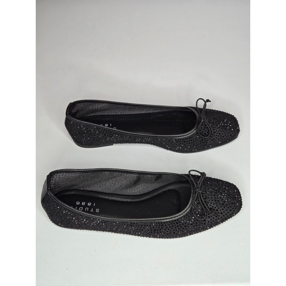 Studio 1886 Black Square Toe Rhinestones Ballet Bow Flat Slip-On Shoes Sz 9